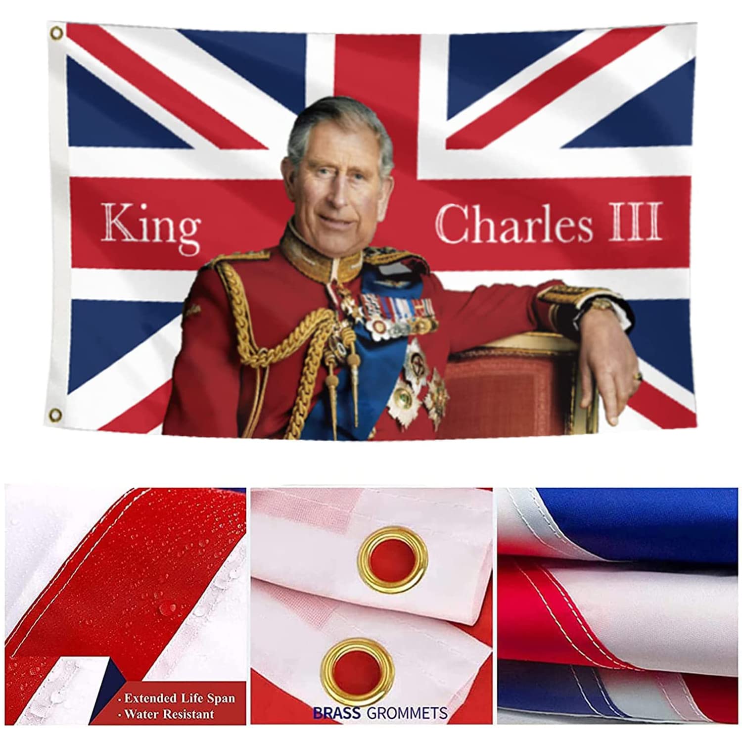 Coronation Flags King Charles, King Charles Flag 5ft x 3ft with Eyelets, King Charles III Flag for Kings Coronation Decorations, Coronation Flags Bunting King Charles Coronation 2023 - Image 4