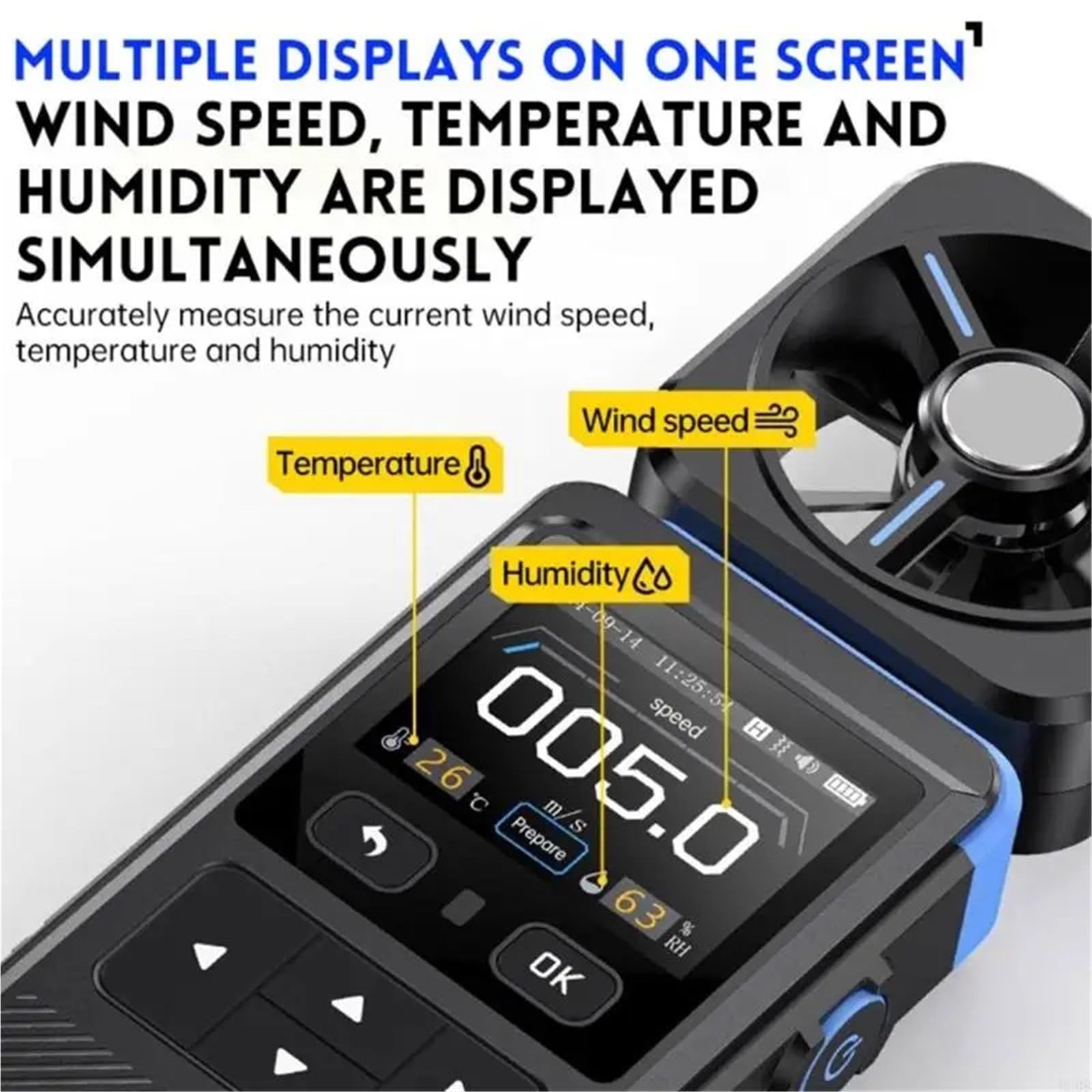Wiatromierz, Kieszonkowy miernik prędkości wiatru, cyfrowy anemometr, miernik wiatru LCD, pomiar temperatury wiatru, temperatury odczuwalnej, wilgotności