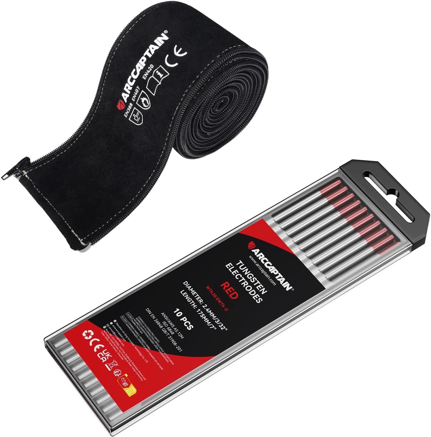 ARCCAPTAIN TIG Welding Tungsten Electrode 10-Pack 3/32"x 7"(Red, WT20/EWth-2) with TIG Welding Torch Cable Cover 7.6M (25FT) Length