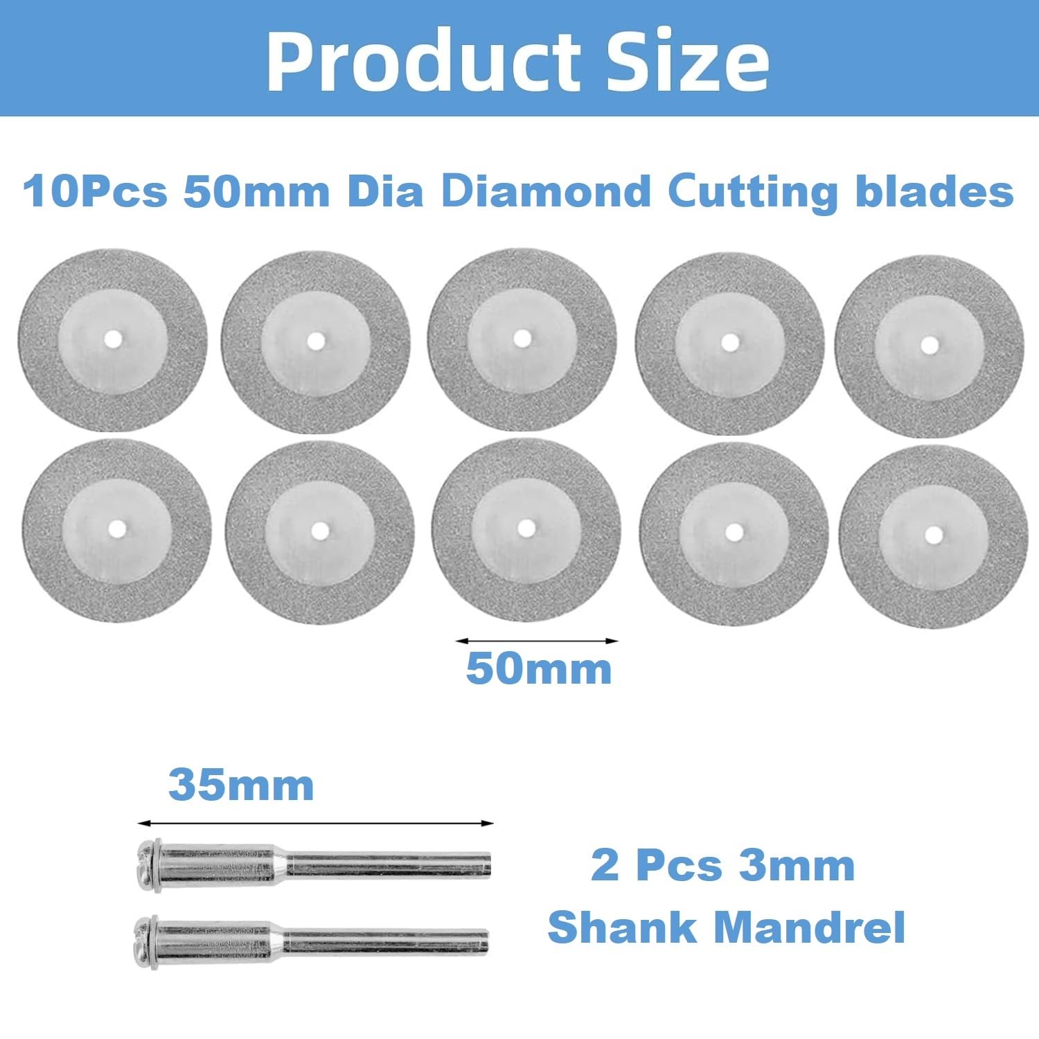 MiJunHD 10PCS 50mm Diamond Cutting Discs & 2PCS 3mm Shank Mandrel - Image 2