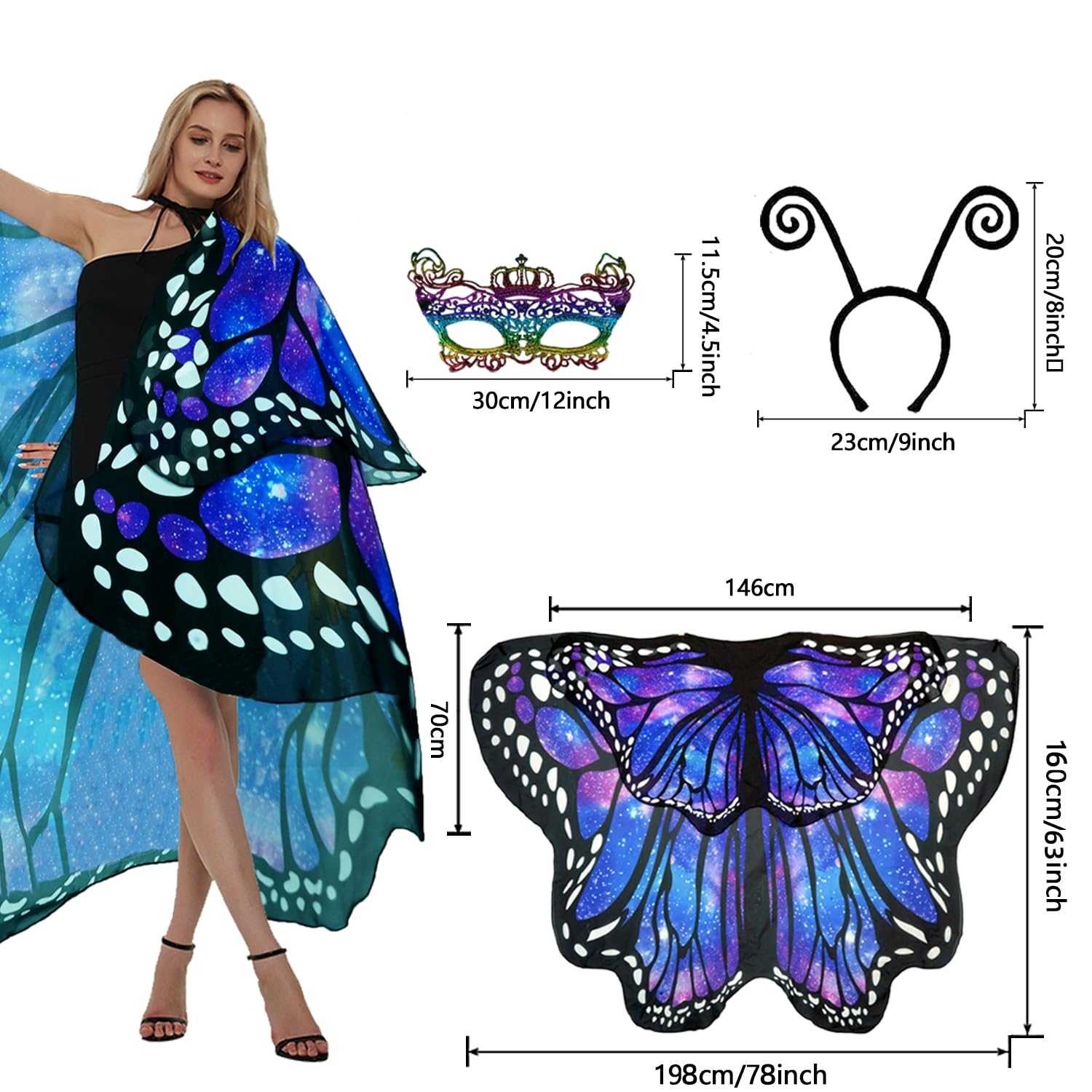 Sunlisky Butterfly Costume Women's Wings Butterfly Wings Adult Two-Tier Fancy Dress Costumes Women's Cape Fancy Dress Butterfly Costume Accessories Set of 3 Face Mask Sensor Butterfly Headband - Image 2