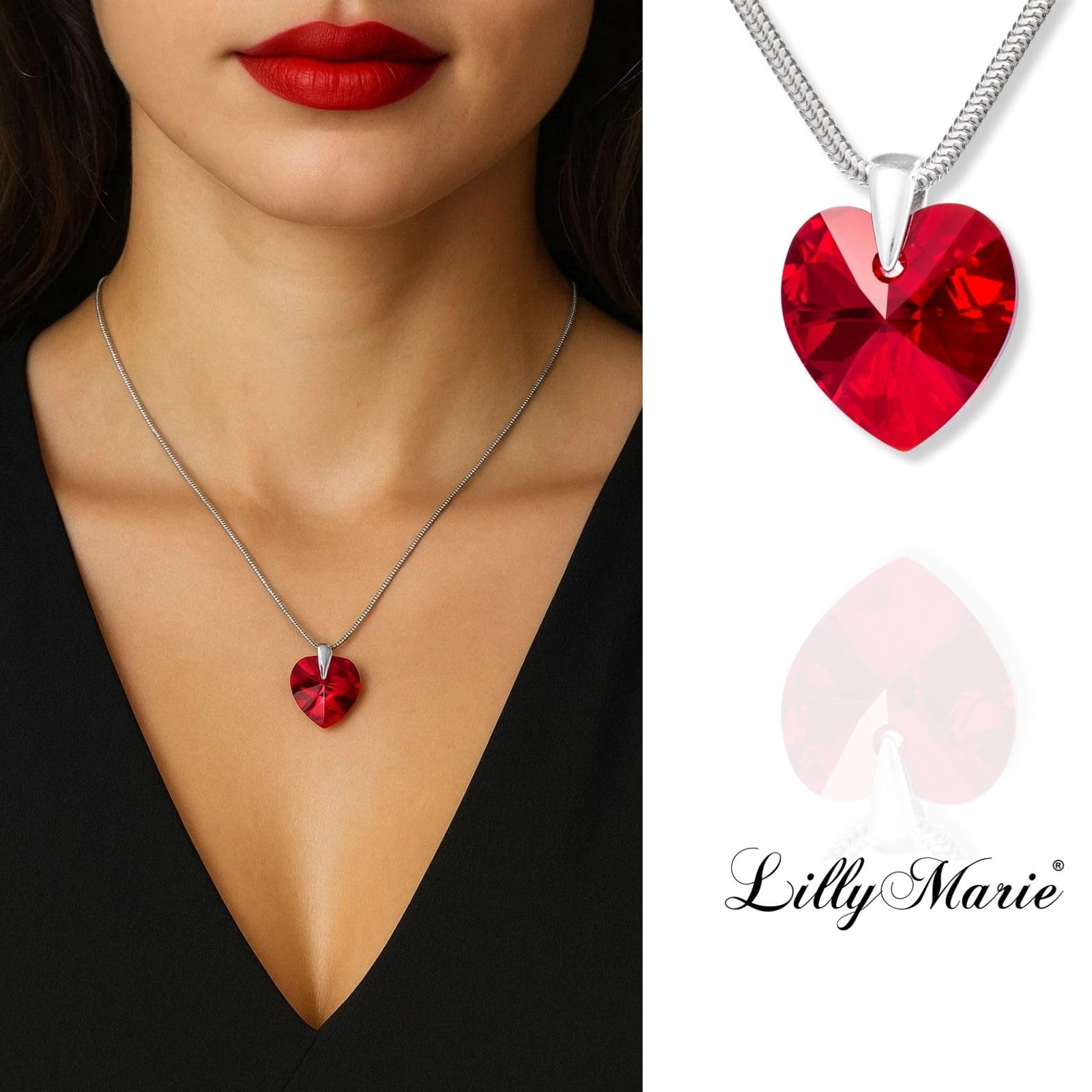 LillyMarie Damen Halskette Aus Sterling Silber Mit Rotem Herzanhänger Und Verstellbarer Länge