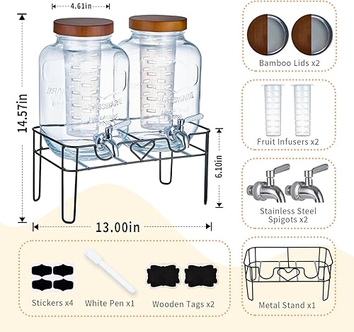 Miniatura 2 de Paquete de 2 dispensadores de bebidas de vidrio de 1 galón con soporte, tapas de bambú e infusor de frutas, espita a prueba de fugas de acero