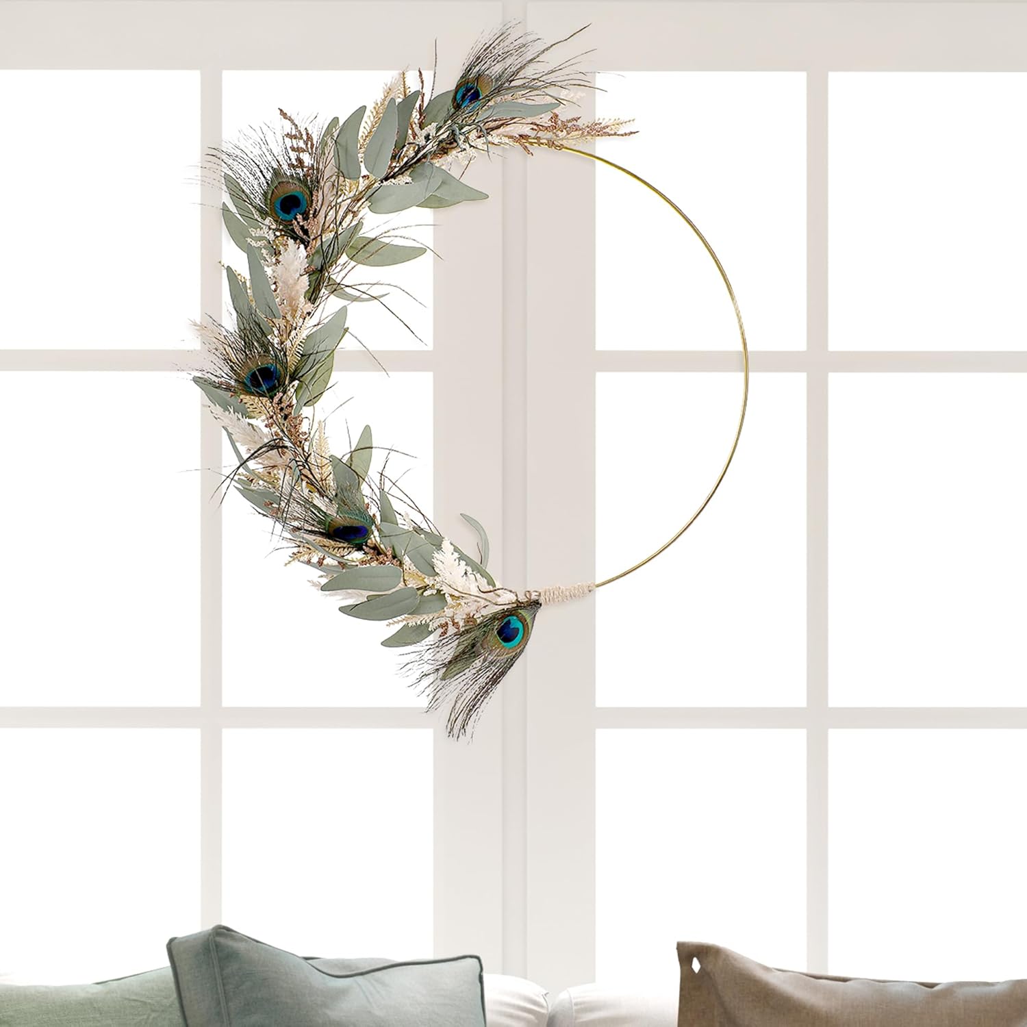 Boho Wreath for Front Door - 12 Inch Peacock Feather Wreath for Farmhouse All Season Home Decor, Hanging Wreaths with Green Leaves for Porch Wall Indoor Window - Image 3