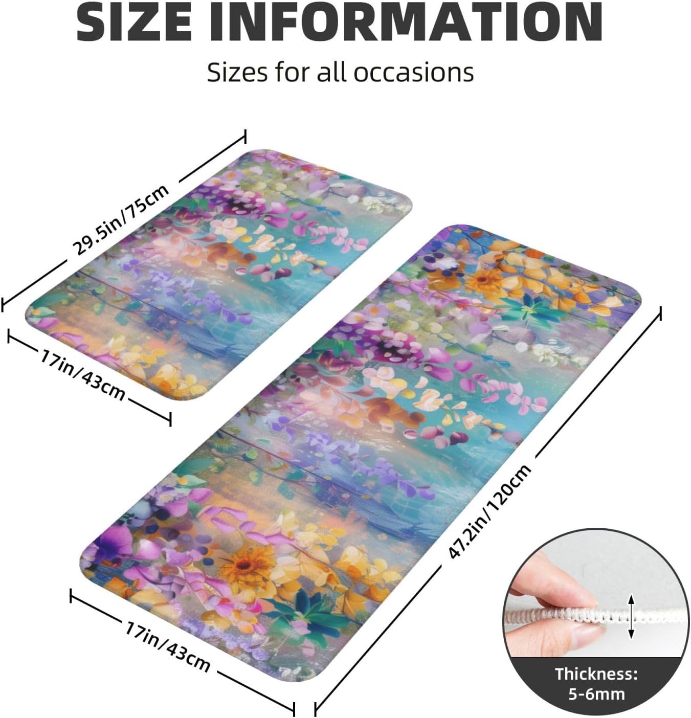 Watercolor Wildflowers Hanging Kitchen Rug Mats for Floor Sets of 2 Anti Fatigue Cushioned Floor Mats Non-Slip Kitchen Sink Mat Washable Area Rugs for Home 17"x29.5"+17"x47.2"