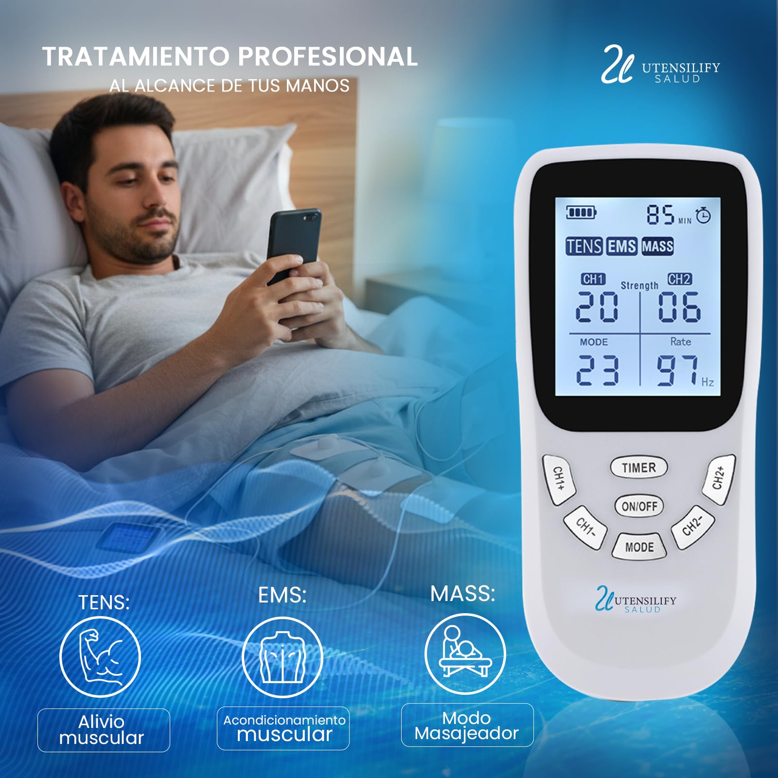 Electroestimulador Muscular UTENSILIFY® 3 en 1 TENS EMS Masaje | 36 Modos 20 Intensidades | 8 Electrodos | Alivio del Dolor y Recuperación | Recargable USB