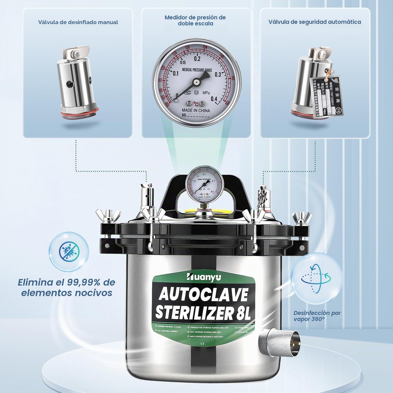 Huanyu Esterilizador Autoclave 8L con Doble Válvula Autoclave de Vapor para Laboratorio Protección contra Quemaduras en Seco Esterilizador de Vapor de Alta Presión para Laboratorios Universidades