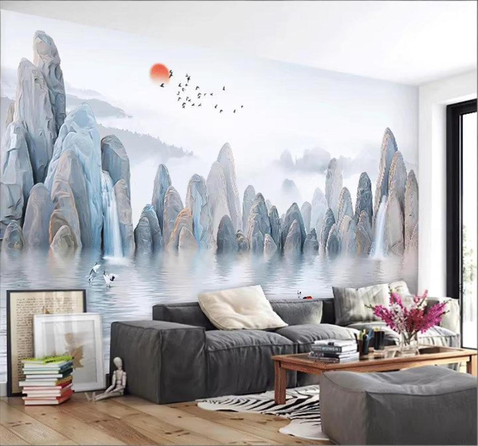 Ink Wash Landscapes Sunrises Birds in Flight Scenery 3D Wallpaper Easy Install Feature Office Living Room Sofa Bedroom TV Background Wall Decoration-300cm×210cm