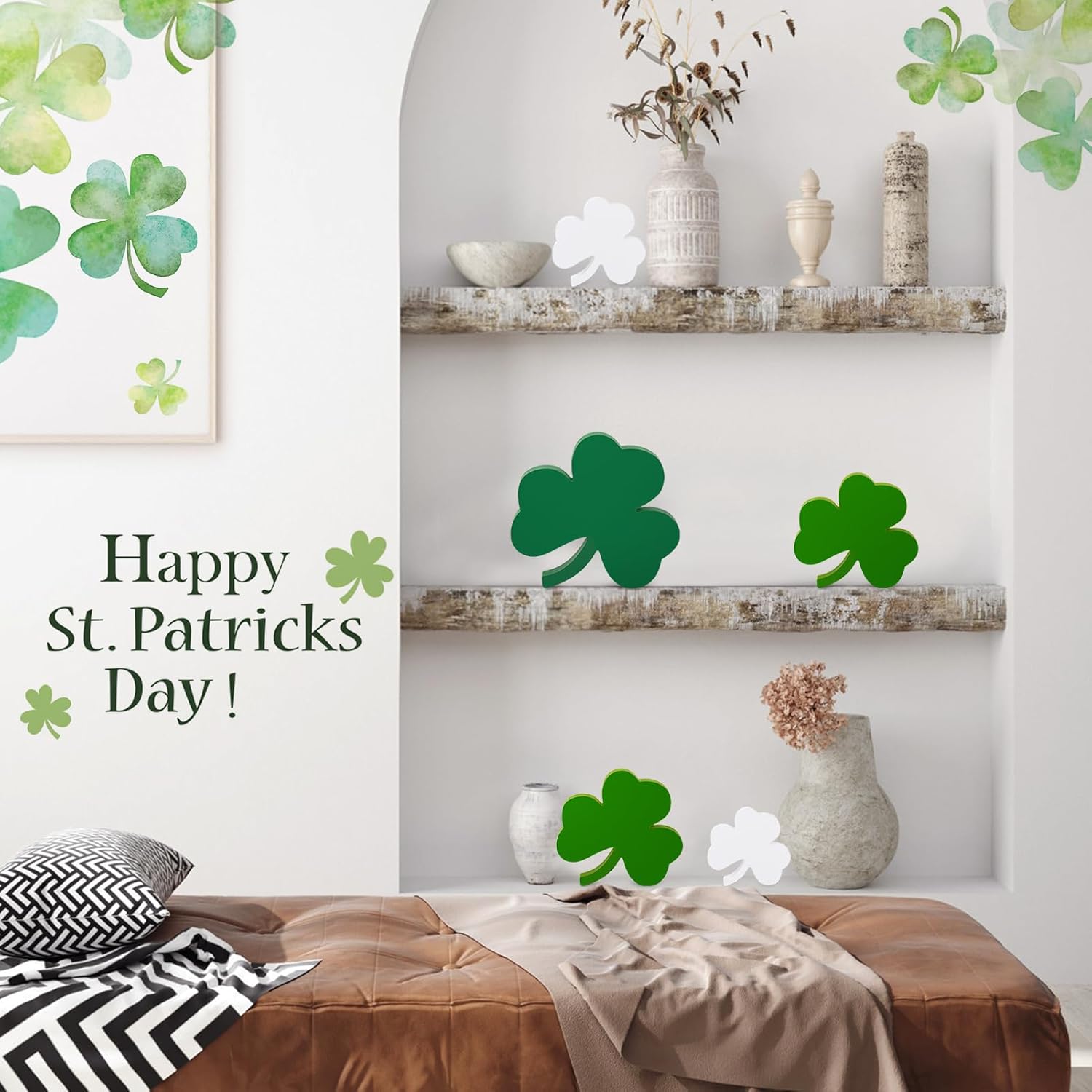Large St. Patrick's Day Shamrocks Decorations - 4.2in/6in/8.2in Wooden Clover Table Signs, 3 PCS Green Shamrock Desk Tired Tray Decors for Table Centerpiece Home Office Irish Themed Party - Image 3