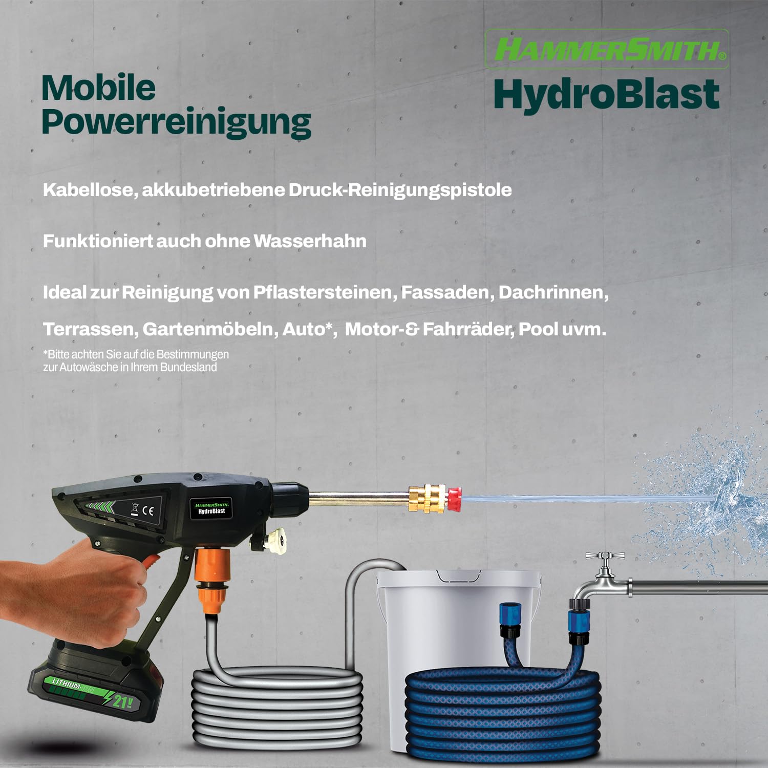 Hammersmith HydroBlast Pistolet de nettoyage sans fil avec réservoir d'eau et accessoires, pour tuyau d'arrosage, nettoyeur haute pression, portable, portée de 5 m