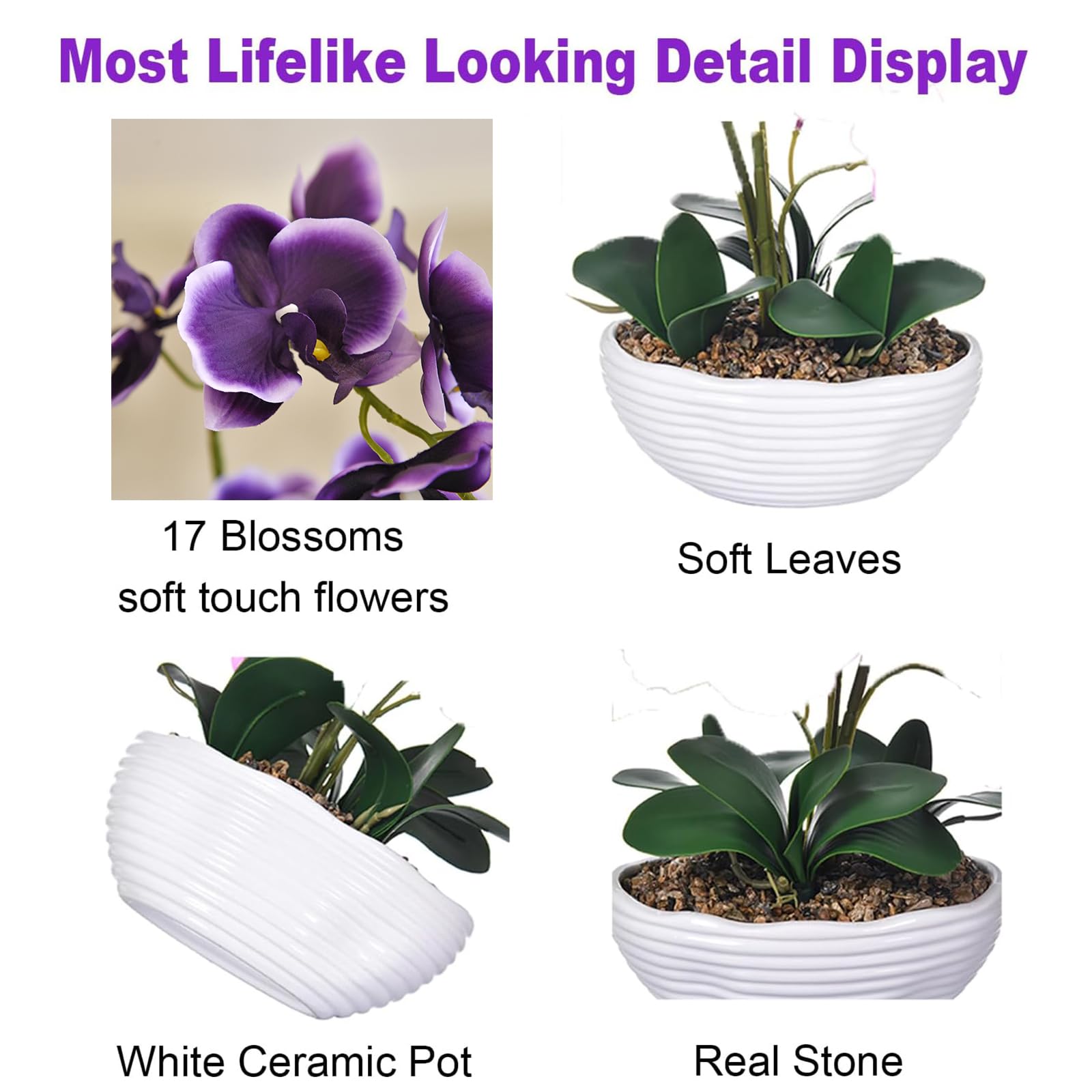Künstliche Orchidee, Phalaenopsis, Seidenorchidee, Tafelaufsatz, künstliches Blumenarrangement im Keramiktopf (Dunkelviolett)