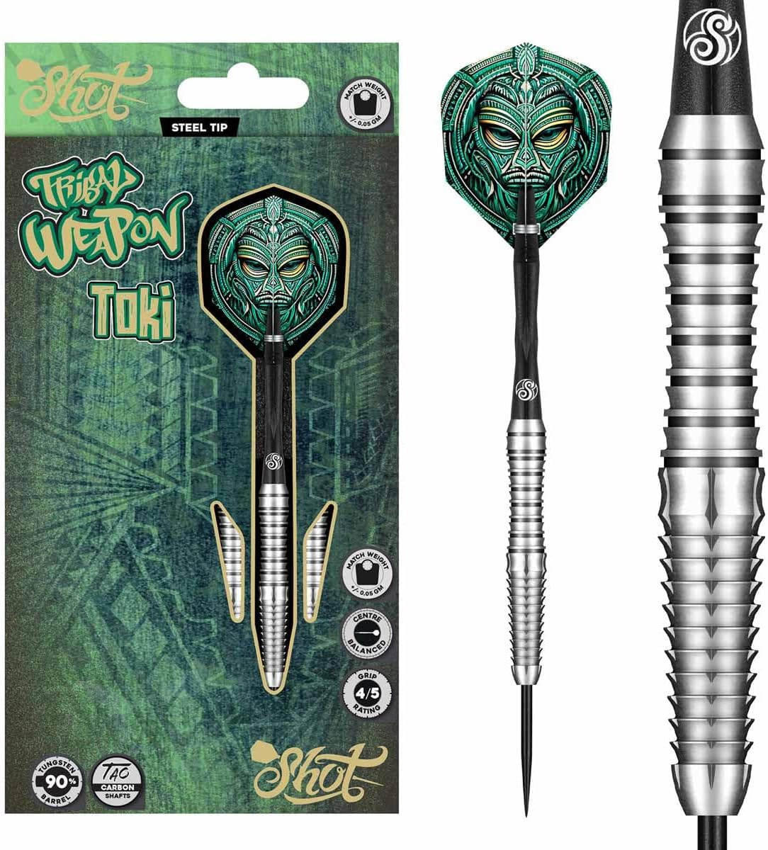 Shot! Tribal Weapon Toki Steel Tip Darts Set 90% Tungsten Barrels Handcrafted Professional Dart Set & Flights Made in New Zealand, Metal Tip for Bristle Dartboard