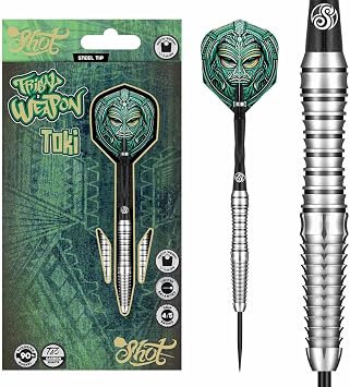 Shot! Tribal Weapon Toki Steel Tip Darts Set 90% Tungsten Barrels Handcrafted Professional Dart Set & Flights Made in New Zealand, Metal Tip for Bristle Dartboard