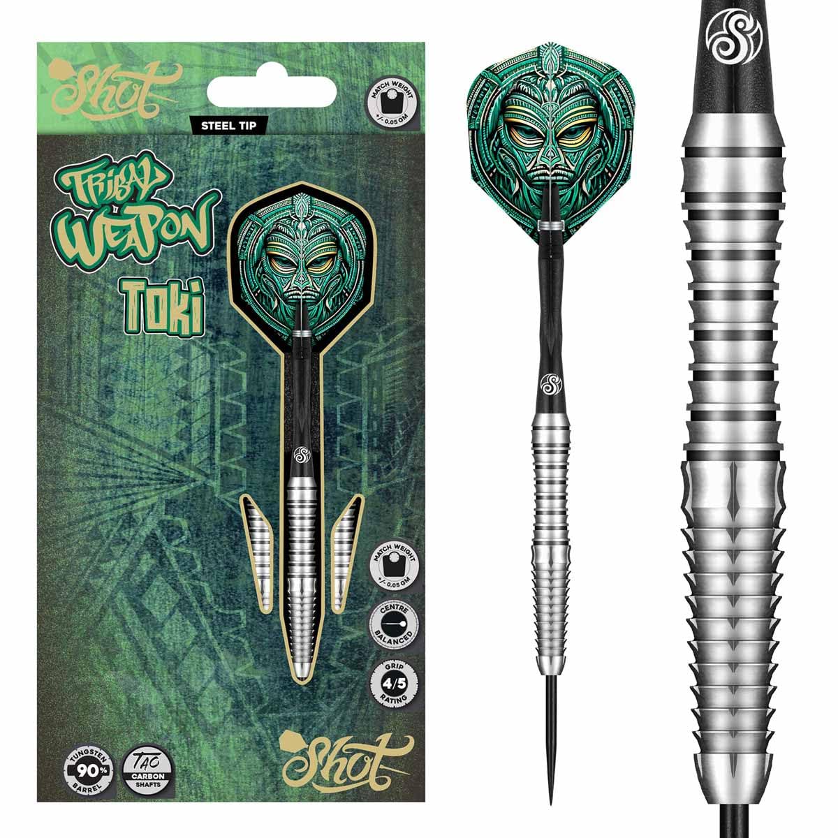 Shot! Tribal Weapon Toki Steel Tip Darts Set 90% Tungsten Barrels Handcrafted Professional Dart Set & Flights Made in New Zealand, Metal Tip for Bristle Dartboard 26gm