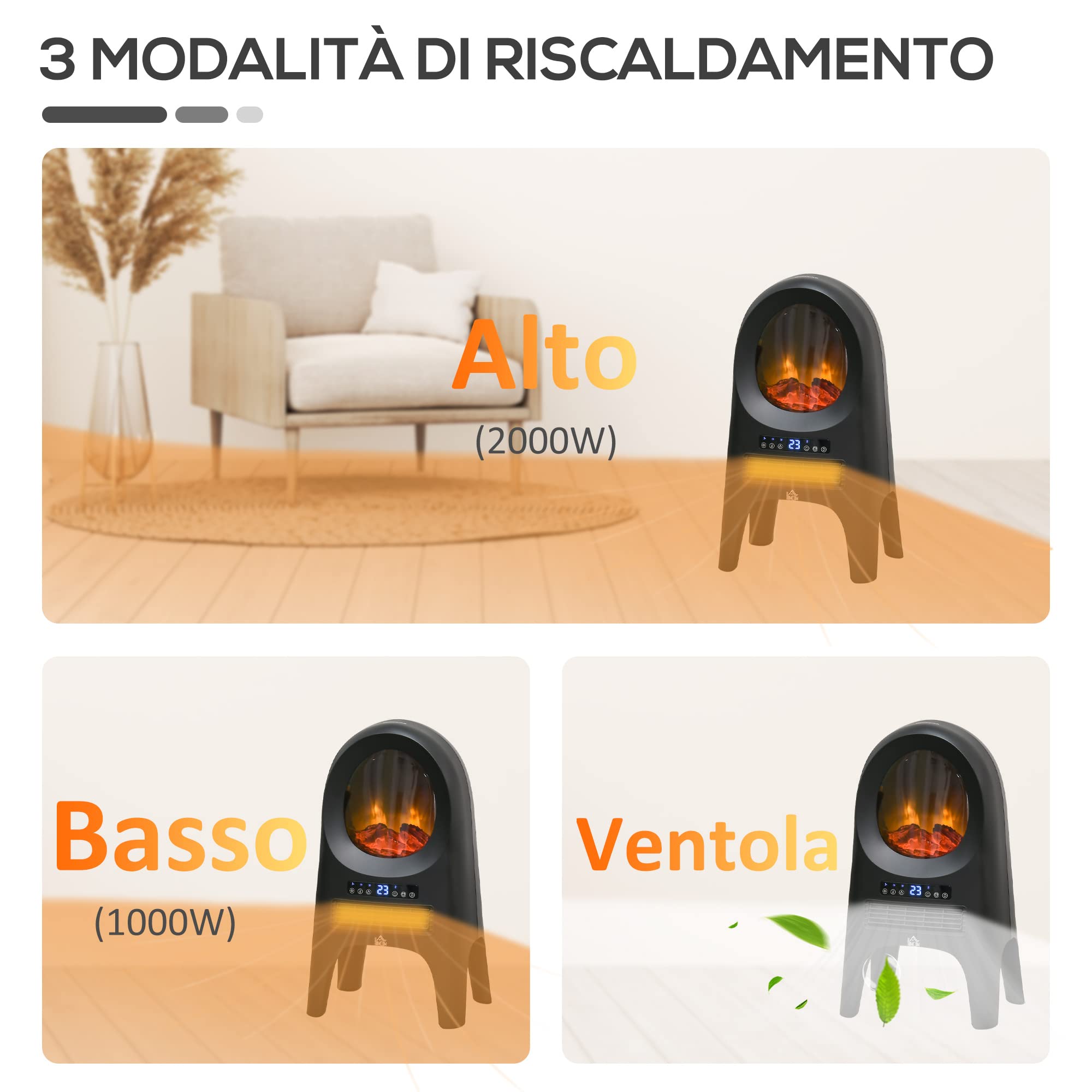HOMCOM Camino Elettrico PTC 3 Modalità 1000W/2000W 33.7x25.5x60.4 cm Nero | Caminetto Elettrico, Temperatura Regolabile, Spegnimento Automatico, Timer, Telecomando