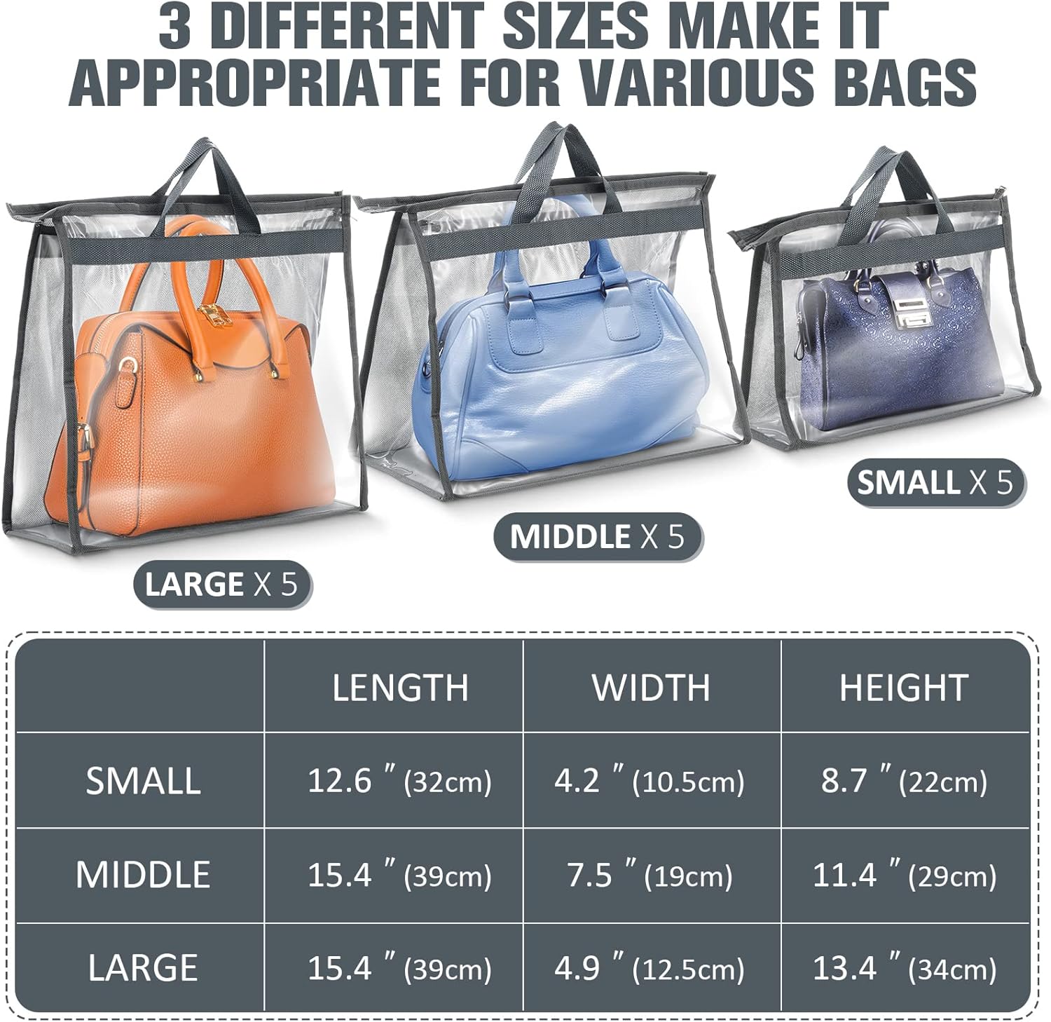 Shappy 15 Pcs Purse Dust Bag for Storage Handbags, 3 Sizes Storage Clear Cover Organizer for Closet Purses Dust Bags with Zipper and Handles Dorm Room Handbags, 5 Each Size(Gray)