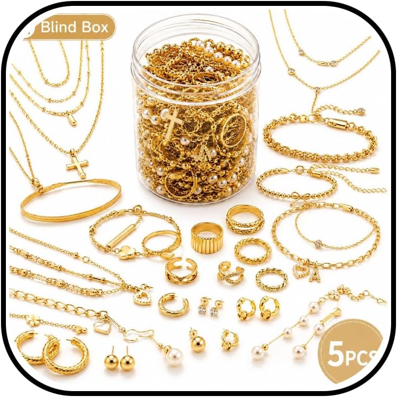 Roe Dolph Mystery Jewelry Jar for Women Random Gold Chain Necklaces Bracelets Earrings Rings Surprise Jewelry Box Cross Heart Bow Initial Charm Accessories Gift Set 5 8 10 Pcs
