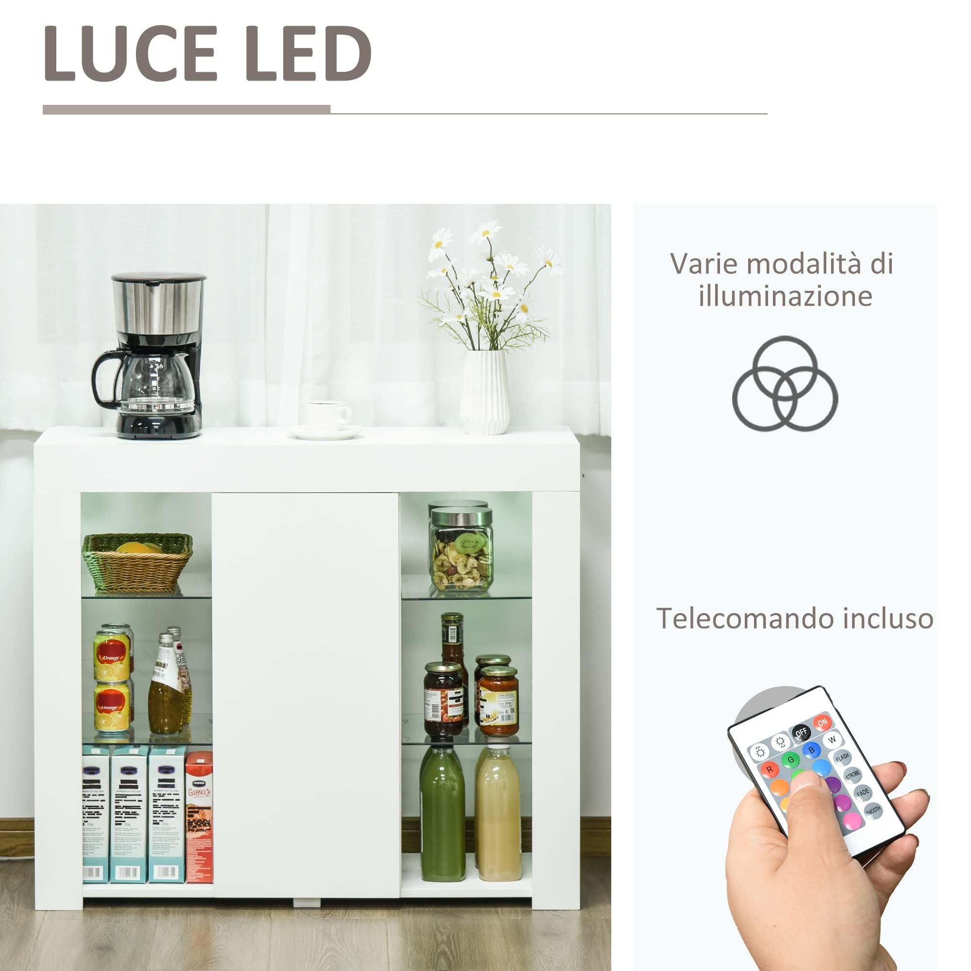 HOMCOM Credenza Moderna con Luci LED Finitura Lucida 97x35x83cm Bianco | a Anta, Mensole in Vetro, Mobile Multiuso in Legno
