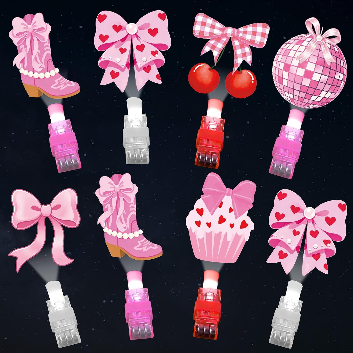 36 Pcs Bow Theme LED Finger Lights Pink Bow Party Favors for Kids Girls Cupcake Cherry Boots Glow in the Dark Light Up Party Supplies Gifts Bulk Birthday Goodie Bag Stuffers Classroom Prizes