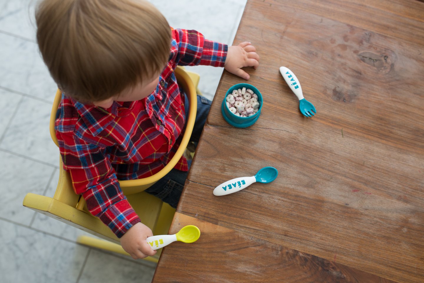 BEABA Second Stage Ergonomic Baby Cutlery, Spoon & Fork with Travel Case, Peacock