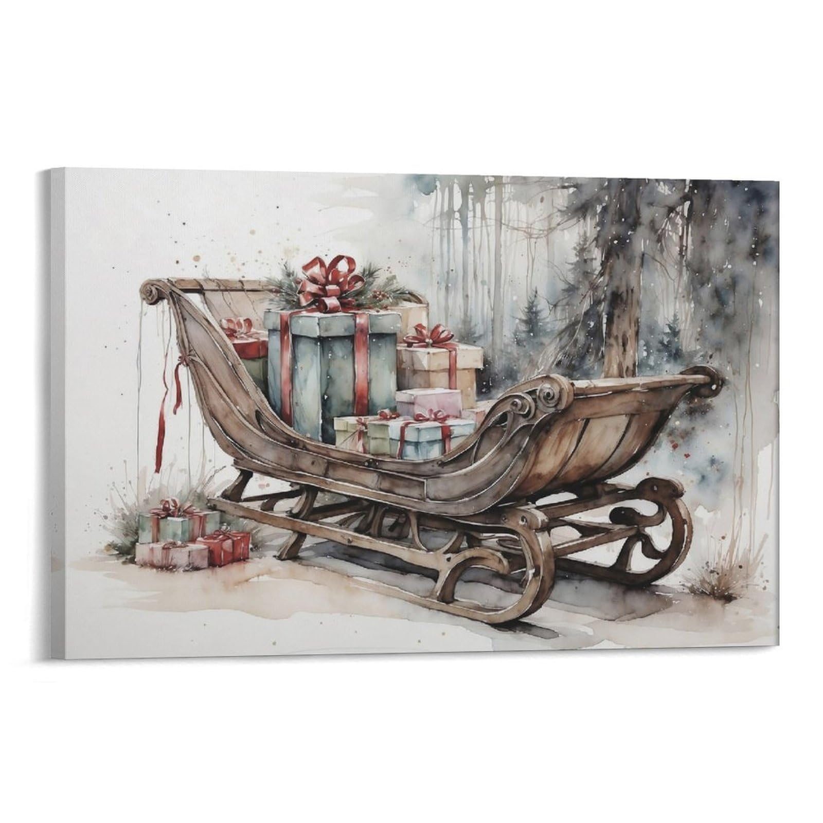 Vintage Christmas Sleigh Watercolor Rustic Poster Print Decorative Painting Canvas Wall Art Living Room Posters Bedroom Painting Framed 20x30inch