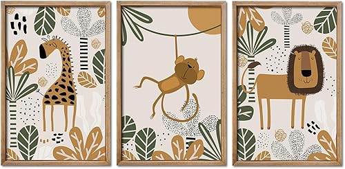 Miniatura 20 de YWJKWLGS Decoración de pared de safari para bebé, 16 x 11 pulgadas, juego de 3 lindos animales, jirafa, elefante, león, letrero de madera enmarcado