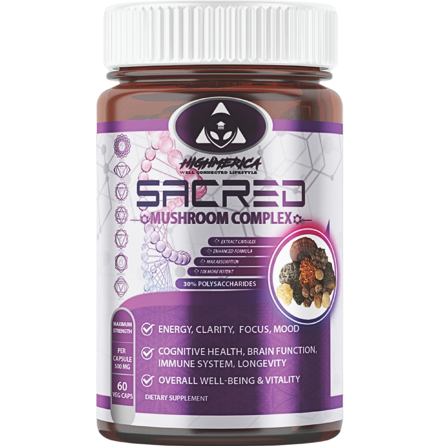 7 Sacred Mushroom Complex - Lion's Mane, Cordyceps, Reishi, Turkey Tail, Chaga, Maitake & Shiitake - Nootropic for Brain and Cognitive Support - Energy & Immunity