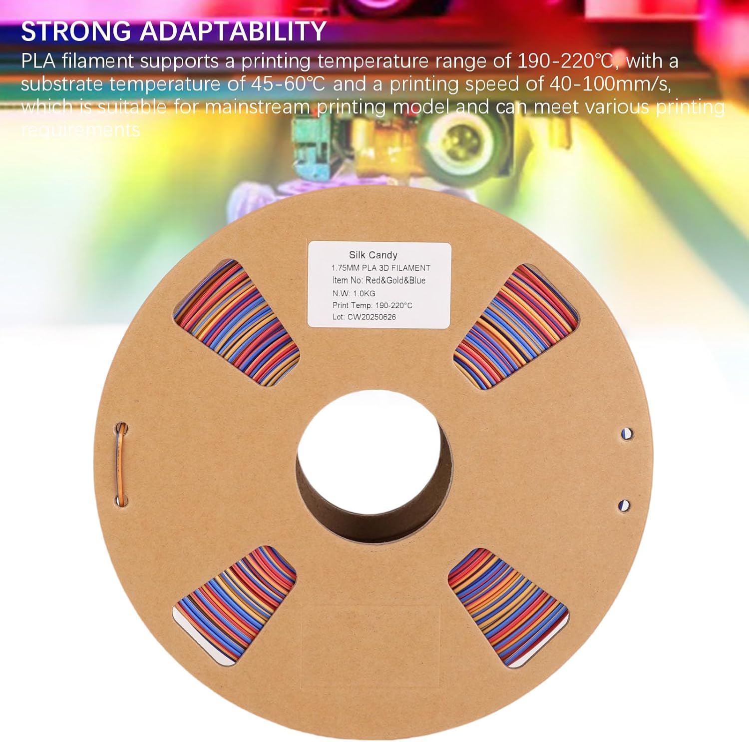 JTLB Colors PLA Filament, 1.75mm Silk 3 in 1 Color 1KG 3D Printer Supplies Red Gold Blue, for Corn Degradable Printing