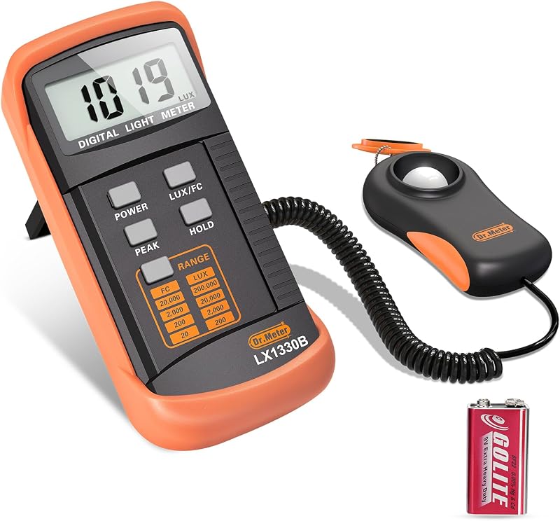 Dr.meter Medidor de luz de iluminancia digital Medidor de lux de rango de 0-200.000 lux | Medición de brillo de intensidad de iluminación para plantas de interior y exterior, fotómetros de respuesta rápida de alta precisión