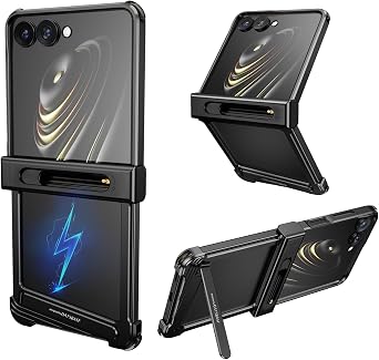 Frameless for Samsung Galaxy Z Flip 7 Case with Kickstand,Compatible with Magsafe,Aluminum Metal Slim Thin Heat Dissipation Shockproof Protective Bumper Case for Galaxy Z Flip 7 CoverBlack