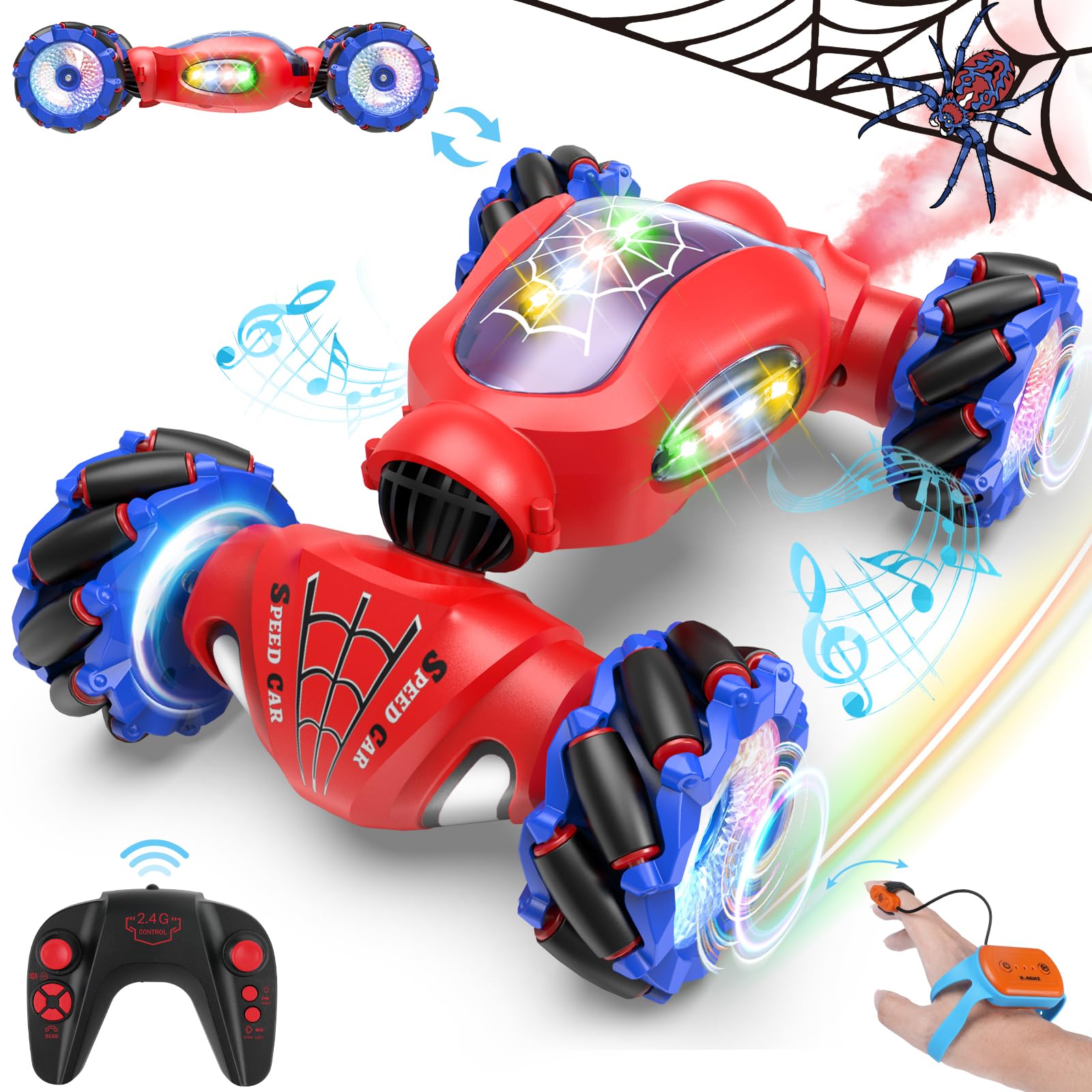Fosgoit Macchina Telecomandata per Bambini, Regalo per 6-12 anni Bambine Bambino Giochi Giocattolo Spider 6 7 8 9 10 11 12 Anni, 4WD 2.4 GHz Spider Auto Telecomandata con Mano e Luce e Spray