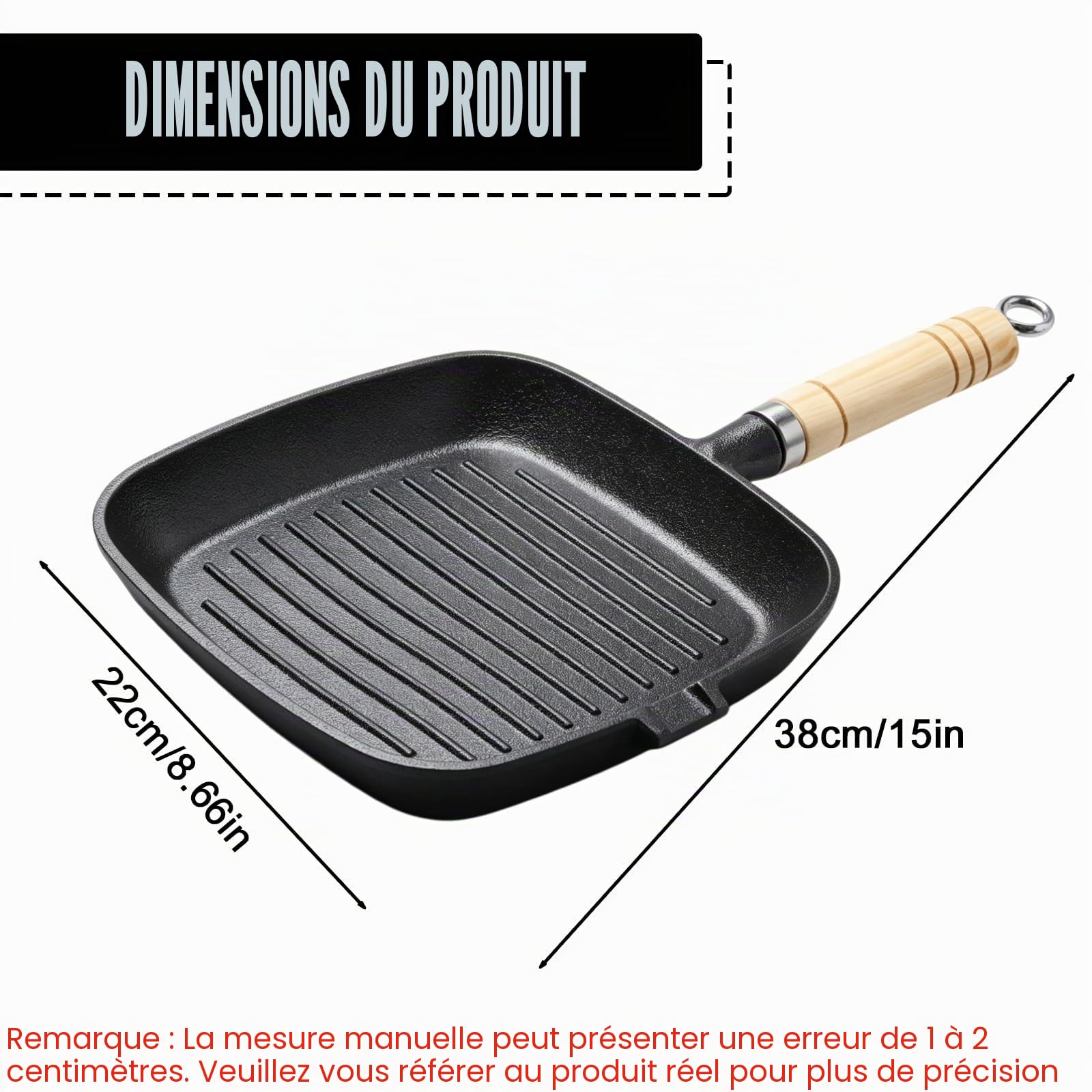 Poêle Grill 22x22 cm En Fonte, Poele a Griller avec Bec Verseur et Manche Effet Bois Compatible Induction et Feux, Poêle Fonte Idéale pour Steak Légumes Cuisson Maison Durable