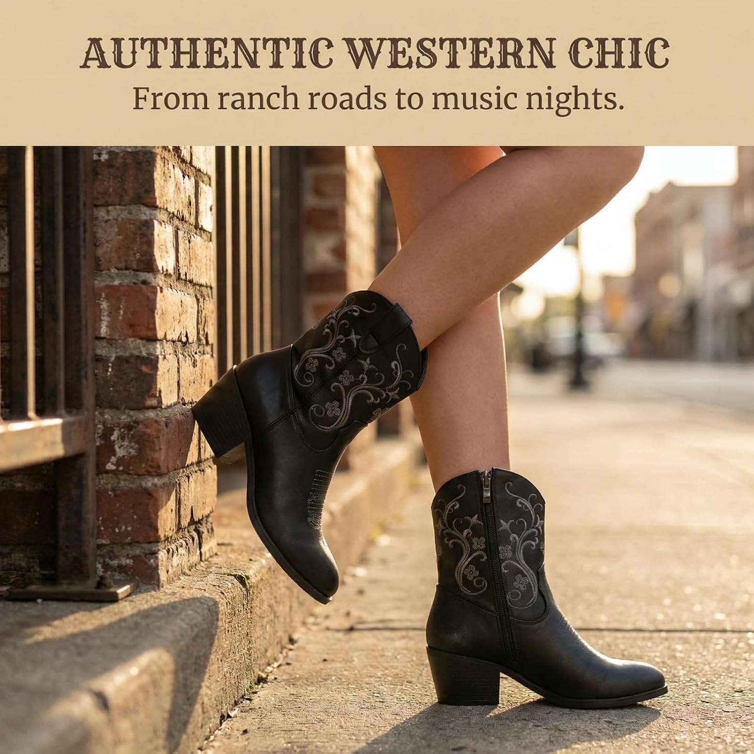 Women’s Western Short Cowboy Boots, Cowgirl Ankle Boots with Embroidered Design and Side Zipper