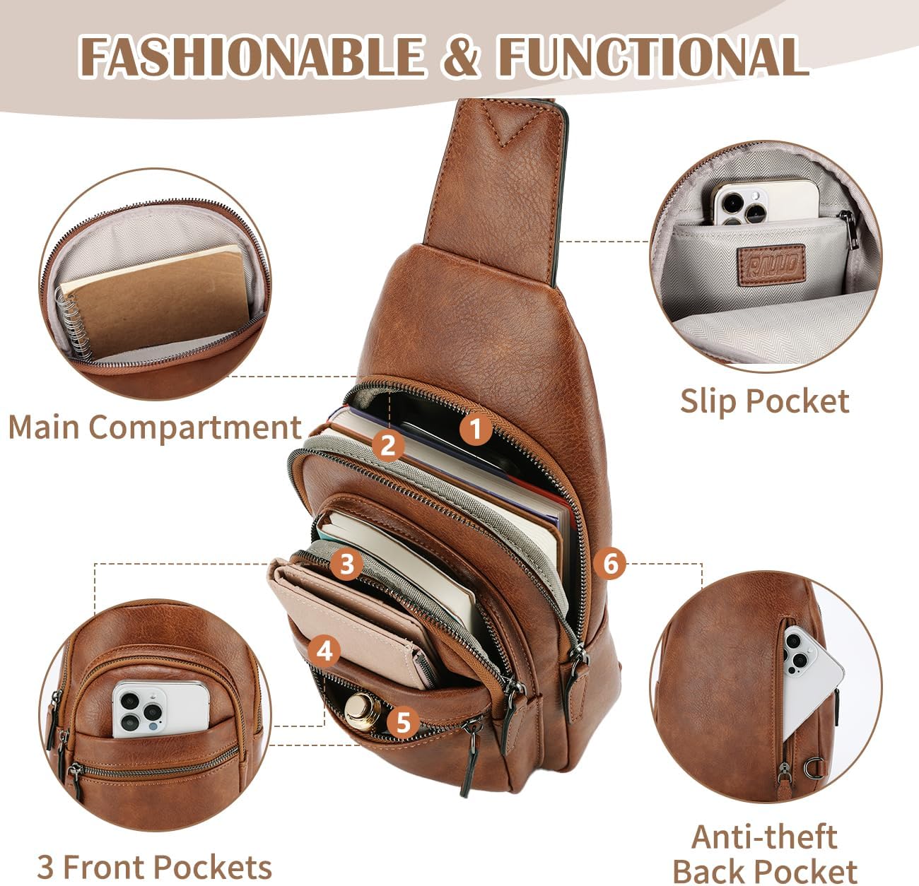 Sling Bag,RAVUO PU Leather Crossbody Backpack for Women Men Casual Hiking Daypack Multipurpose Chest Bag for Work College Brown - Image 4
