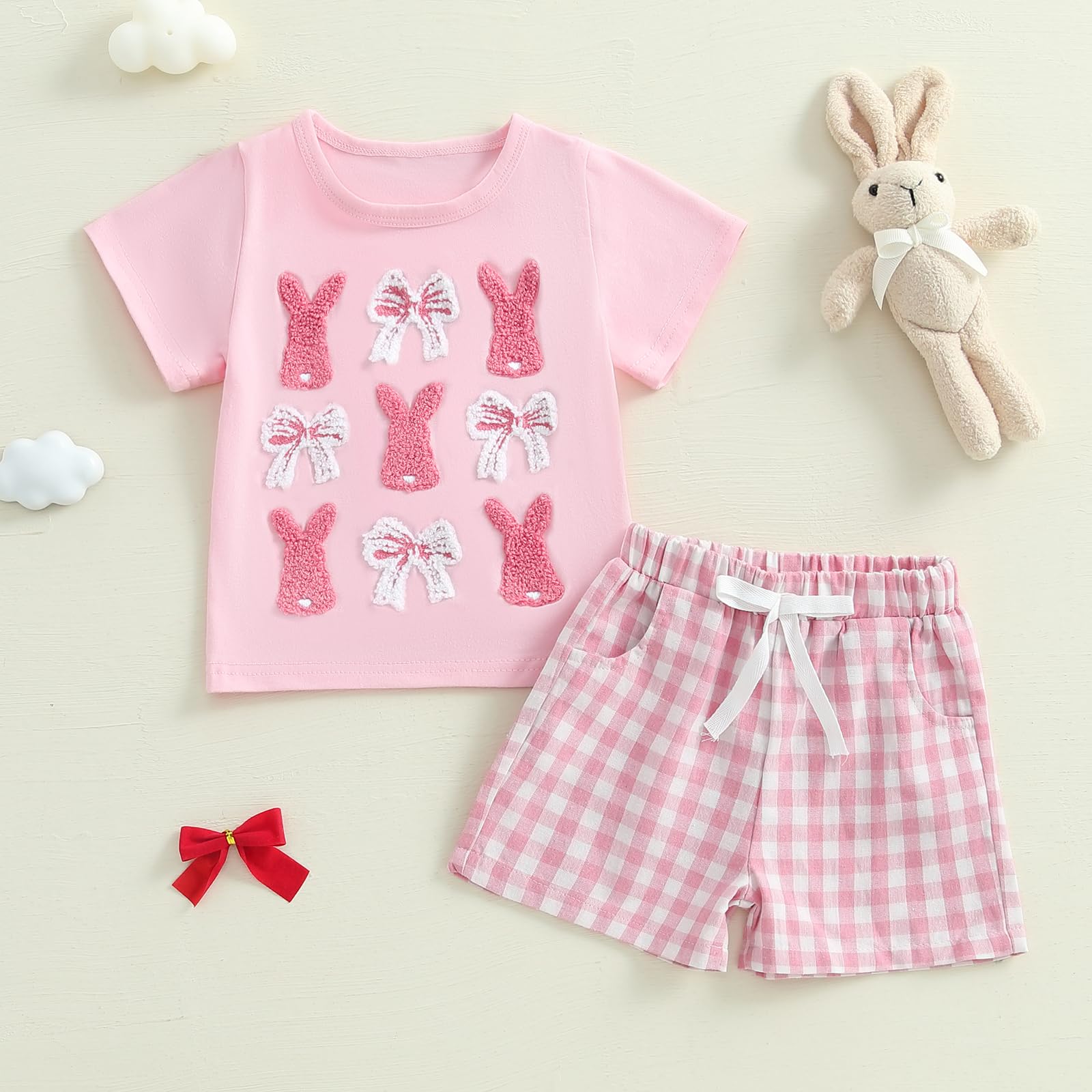 MoZiKQin Baby Girl Easter Outfit Bunny Bow Embroidery Short Sleeve Tshirt Tops Plaid Shorts Set Toddler Summer Clothes (Pink, 2-3T)