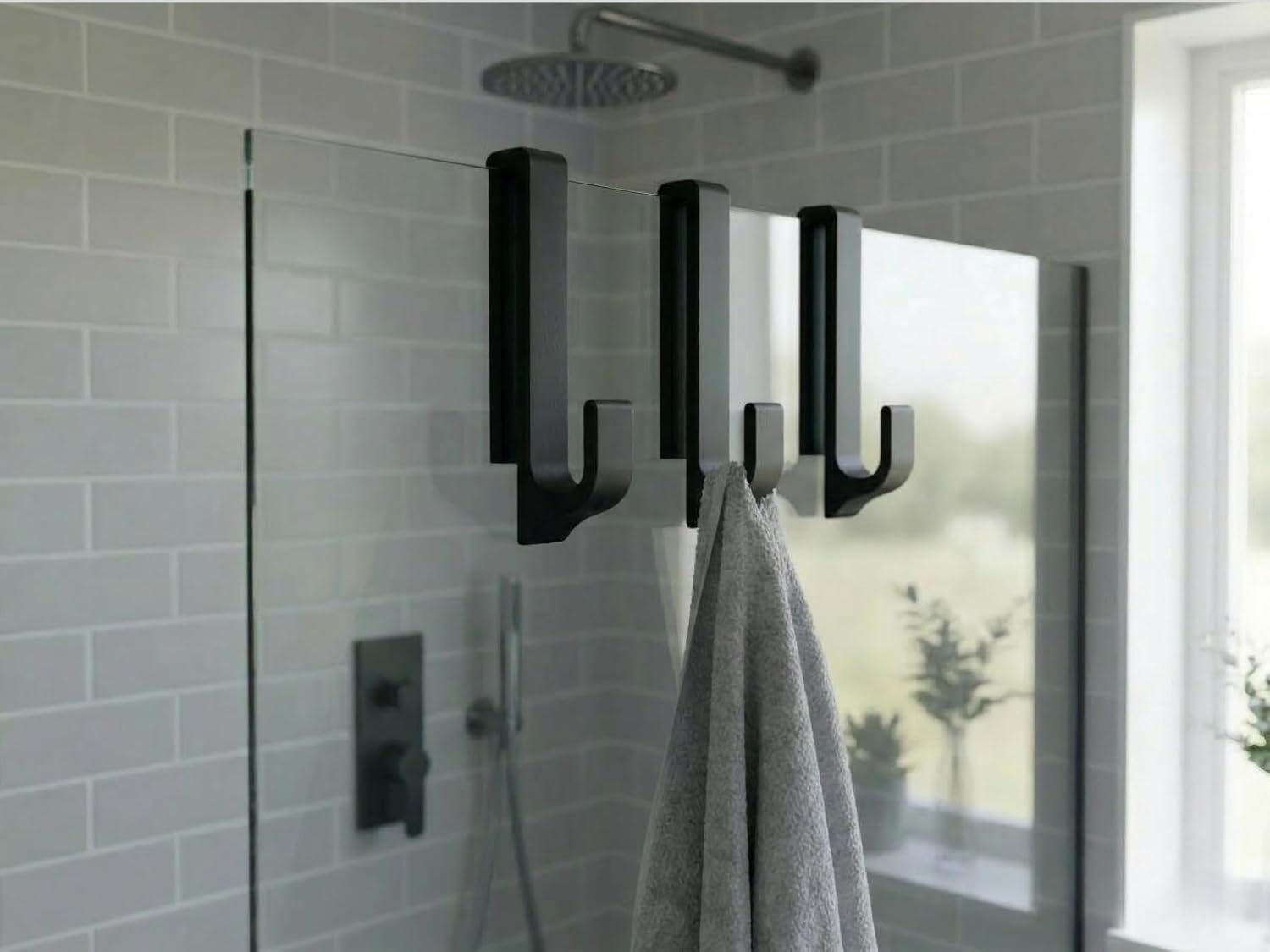 Shower Glass Door Hook for Towels & Robes – No-Drill Clip-On Design, Fits 6–10mm Frameless Glass Panels, Extra-Long Matte Black Bathroom Hook (Set of 2 Hooks (Save 10%))