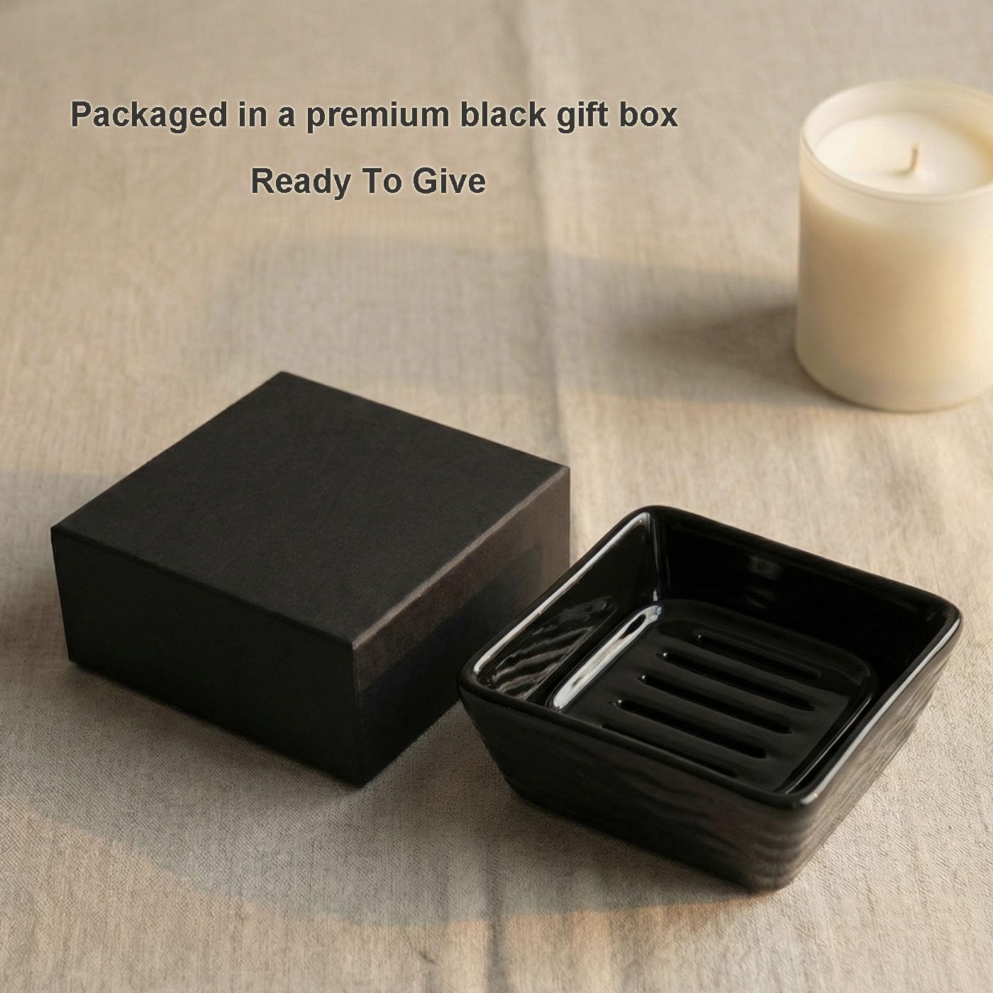 Ceramic Soap Dish, Vonpri Soap Holder Tray, Non-Slip Shower Soapbox Container for Handmade Bar Bathroom Sink, Countertop (Black, 3.5inch, Stone Texture)