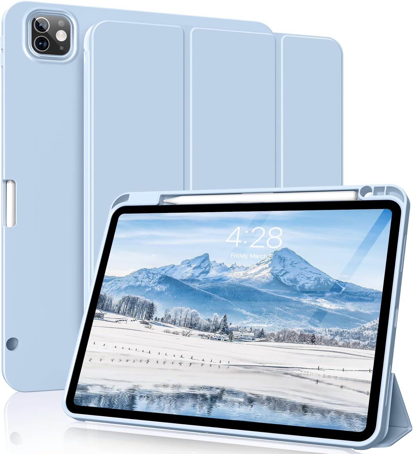 for iPad Pro 12.9 Case (6th/5th/4th/3rd Generation 2022/2021/2020) & ipad Air 13 inch case (M3 2025/M2 2024) with Pencil Holder, Smart Slim Trifold Stand Case with Soft TPU Back (Sky Blue)