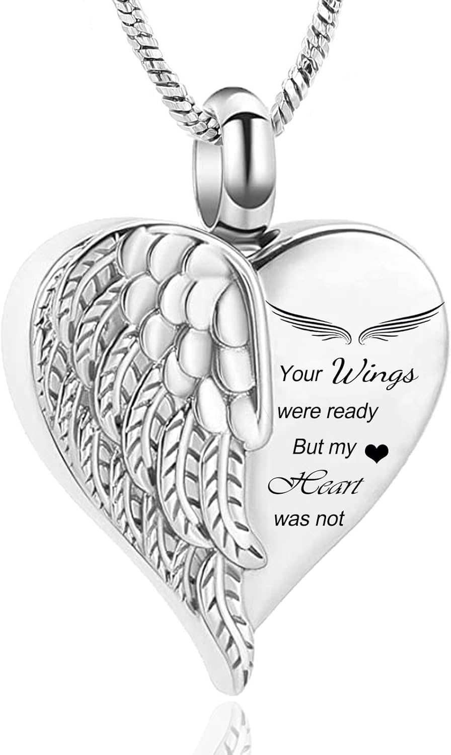Yinplsmemory Love Heart Urn Necklace for Ashes Keepsake Memorial Cremation Jewelry Stainless Steel Angel Wing Heart Urn Locket Ashes Holder Memorial Urn Jewelry for Human/Pet Ashes