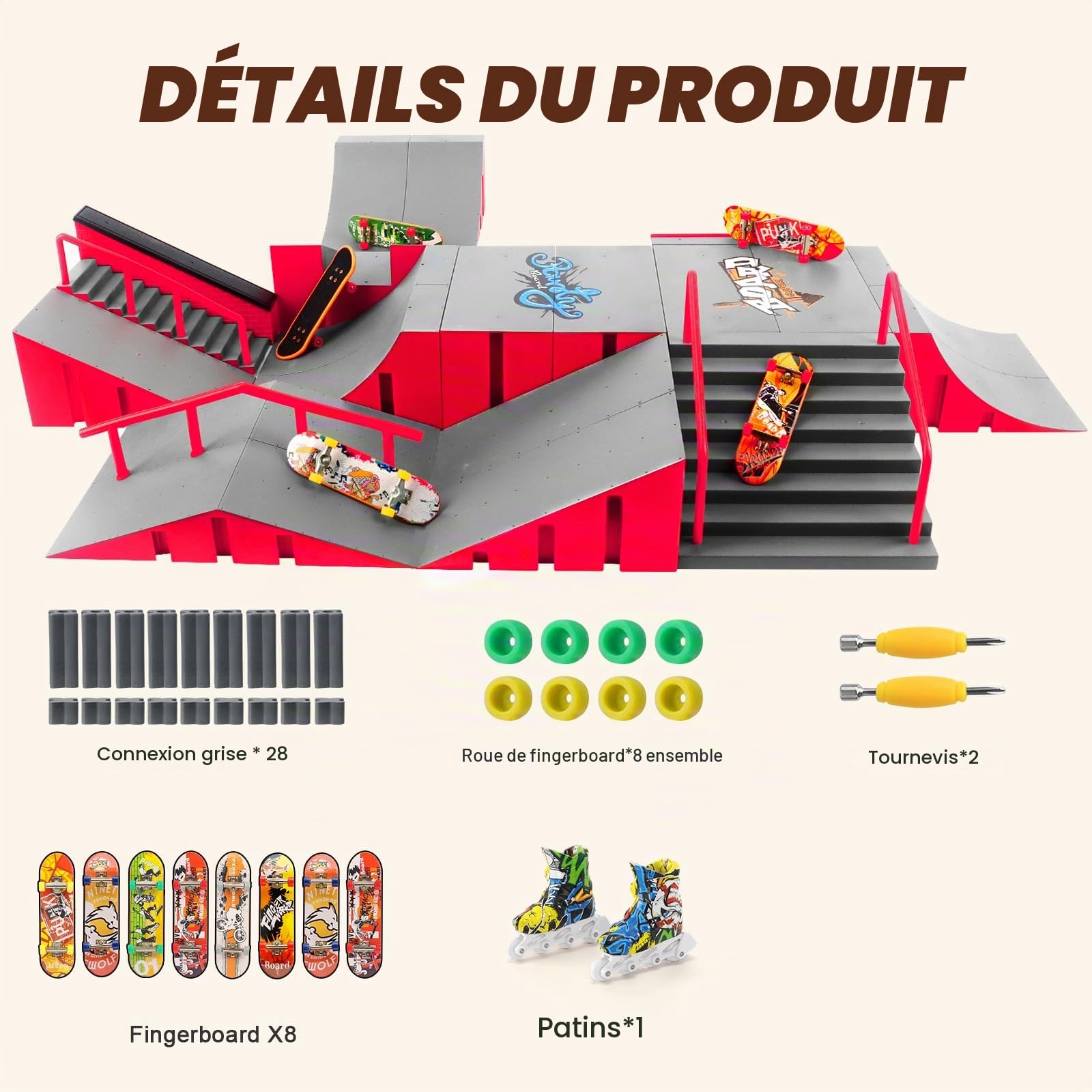 Tlater Kit de parc de skateboard pour doigts, ensemble de rampes de skateboard pour doigts 14 en 1 plus grand, ensemble de montage DIY Fingerboard Skatepark pour enfants, cadeau d'anniversaire