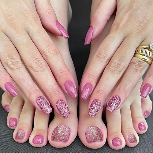 Miniatura 2 de Xcrear - Juego de uñas postizas a presión color rosa ciruela con purpurina, uñas postizas medianas y falsas, uñas artificiales para los dedos de los
