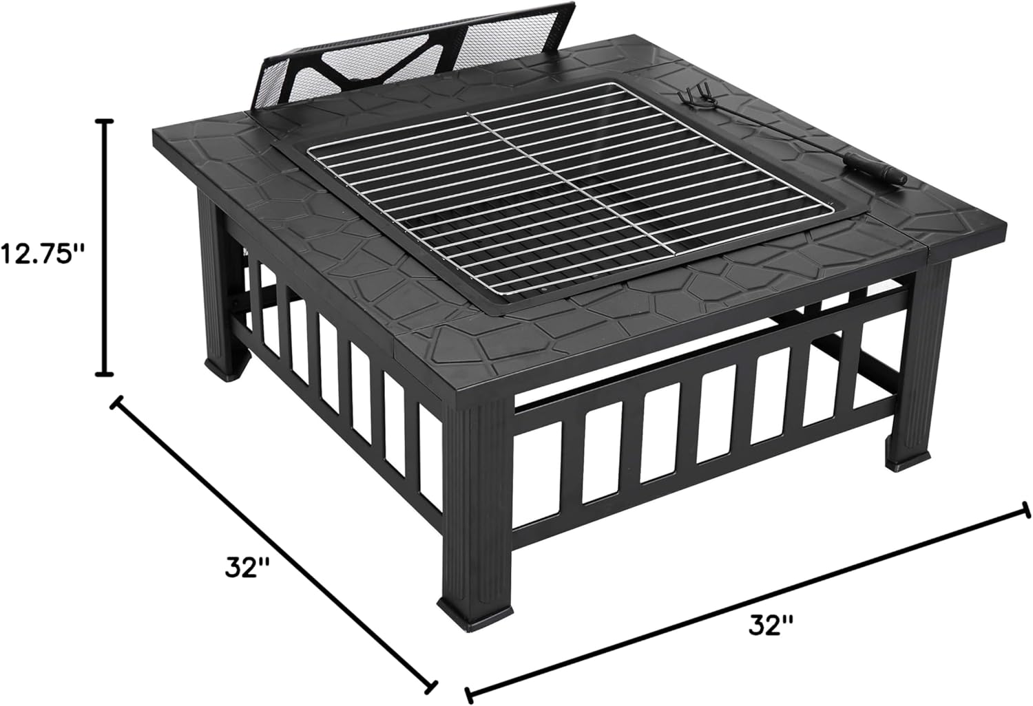 32 Inch Outdoor Fire Pit with Spark Screen Lid and Waterproof Cover, Square Metal Firepit Backyard Patio BBQ Garden Stove Fireplace for Camping Trip, Outside Wood Burning and Picnic