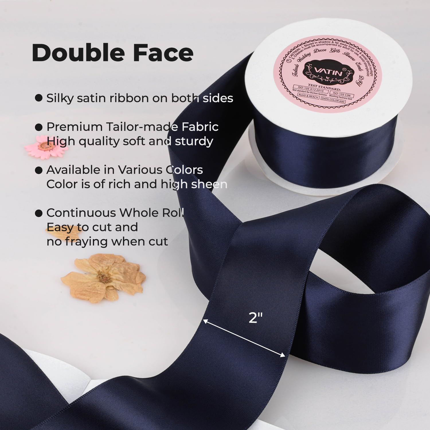 VATIN 50mm Solid Deep Navy Blue Double Faced Polyester Satin Ribbon for Craft Gift Wrapping, Hair Bow, Wedding Deco 23 Metre/Spool - Image 2