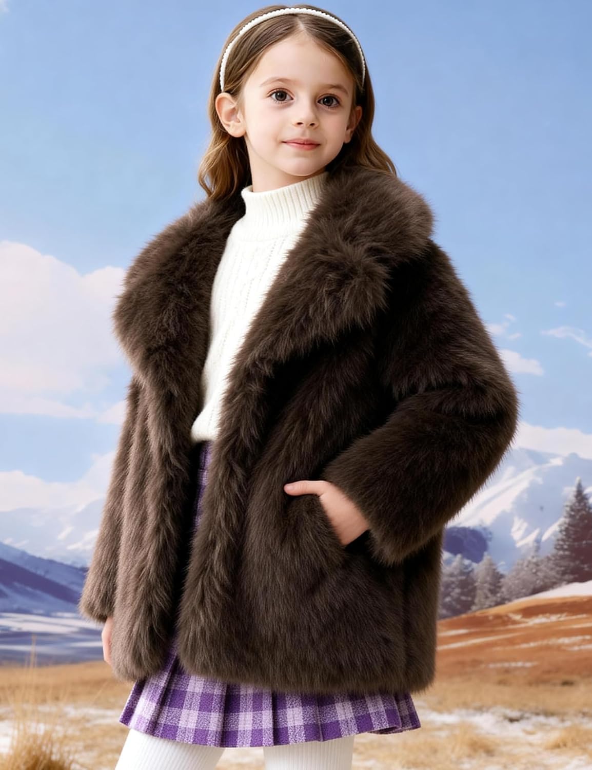 Flygo Girls Faux Fur Coat Fluffy Winter Fur Jacket Midi Lapel Long Sleeve Furry Shaggy Coats Outerwear 5-14 Years - Image 5