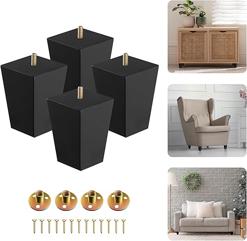 Yes4All Juego de 4 patas cuadradas de madera maciza color negro de 4 pulgadas, patas de muebles resistentes de capacidad de 800 libras con