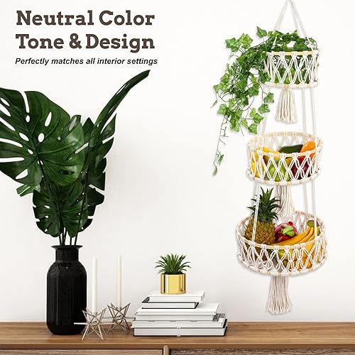 Miniatura 7 de Cesta colgante de 3 niveles, cestas de frutas colgantes para organizador de almacenamiento de cocina, soporte de algodón multicapa para productos