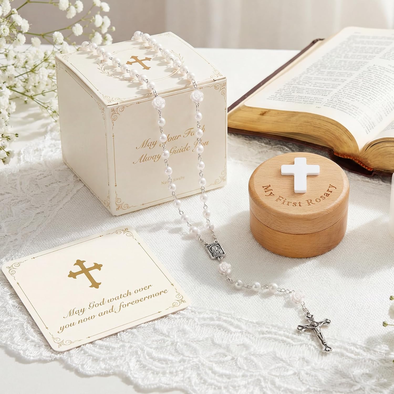 NORBU Baptism Gifts for Girl, My First Rosary with Wooden Keepsake Box, Rosary for Kids, First Communion & Baby Dedication Gifts for Newborn Baby Boys Catholic Christening Gift