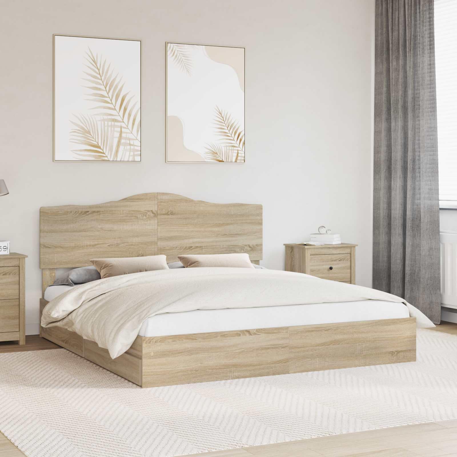 vidaXL Storage Bed with Drawer Sonoma Oak 200 x 200 cm Engineered Wood, Modern, Rectangular Bed Frame for Stylish Sleeping Space, Durable Engineered Wood Platform, Customized Width Solution