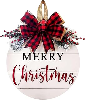 Merry Christmas Wreath Welcome Sign for Front Door, 11.8 inch Wooden Mer...