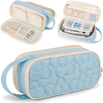 Quilted Pencil Case Bag Large,2 Compartment Pen Pouch with Handle for Girls